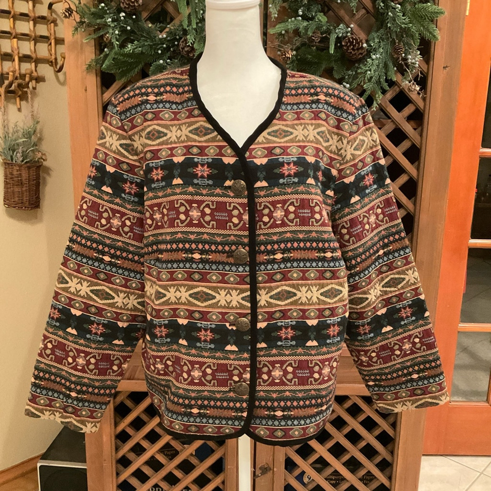 Vintage 90s Stonebridge Tapestry Boho Aztec Western Knit Jacket Womens XL